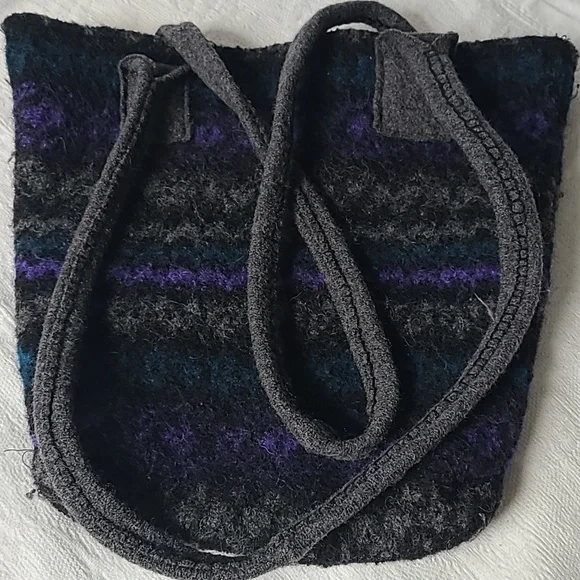 Stylish Vintage Handmade Purple and Black Women's Wool Tote Bag - Picture 3 of 7